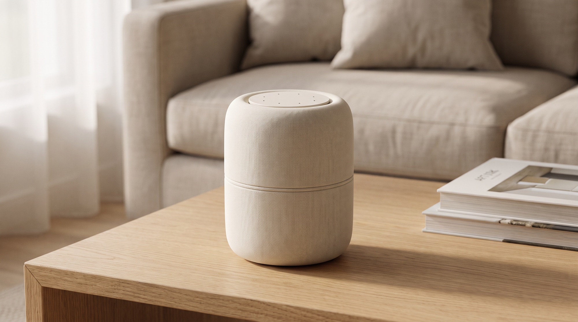 Friday, a small cream cylindrical assistant, sitting on an oak coffee table in a sunlit living room